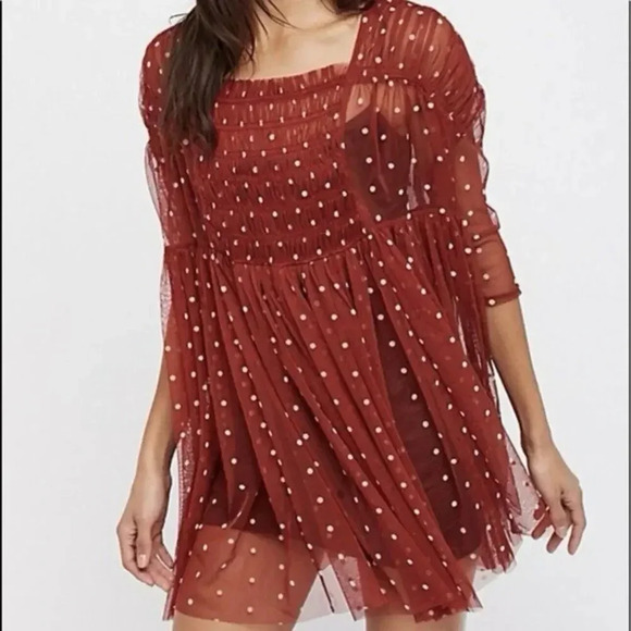 Free People Saya Polka Dot Sheer Mesh Tulle Baby Doll Tunic Top XS - Picture 4 of 9